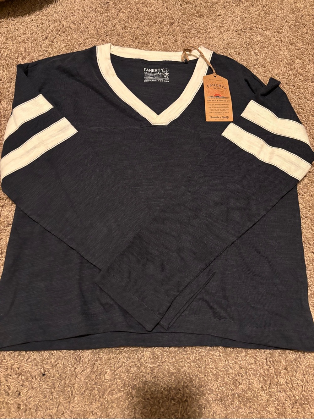 Faherty Navy V-Neck Pullover with Cream Stripe Accents